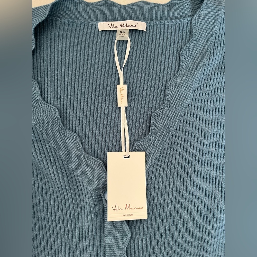 NWT Vila Milano/ Sweater/ Airforce Blue/ Sheer Floral Bubble Sleeves/ Size US XS - Picture 6 of 14